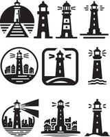 Lighthouse with rays overlooking water and cities and on hilltops. vector