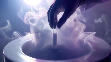 AI generated Revolutionizing Fertility, Scientist Puts a Test Tube in Liquid Nitrogen Cryostorage, Generative AI photo