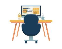 Workplace of a developer or designer. Website development. Monoblock, computer or monitor. Office chair and table. Indoor plant. Cup of coffee. Remote work. Website design layout. Vector illustration