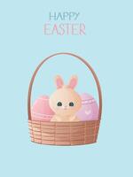 Happy Easter vector gift card with cute bunny in the basket with eggs..