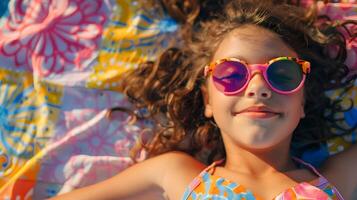 AI generated Little Girl in Pink Sunglasses Resting on Beach, To provide a visually appealing and relevant image for summer, vacation, or relaxation themed photo