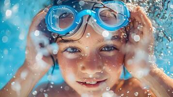 AI generated A Happy Boy Wearing Swim Goggles in a Pool, To showcase the fun and joy of swimming and water play, with a focus on childrens happiness and safety photo