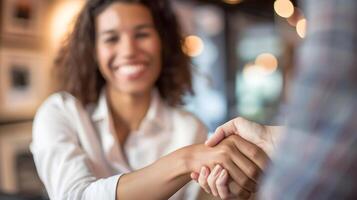 AI generated African American Woman Shaking Hands with Business Partner in Coffee Shop, To convey a sense of joy, collaboration and professionalism between two photo