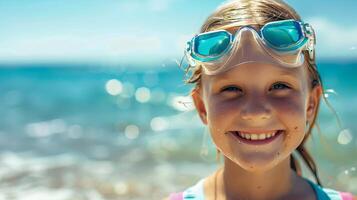 AI generated Smiling Girl Wearing Swimming Goggles on Beach, To convey the joy and happiness of a young girl enjoying her summer vacation at the beach photo