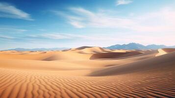 AI generated Beautiful Arabian desert with warm colors.Golden Sand Dune Desert Landscape Panorama. Beautiful over the sand dunes in the Arabian,touched by the golden rays of the setting sun. photo