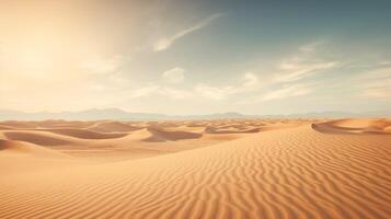 AI generated Beautiful Arabian desert with warm colors.Golden Sand Dune Desert Landscape Panorama. Beautiful over the sand dunes in the Arabian,touched by the golden rays of the setting sun. photo