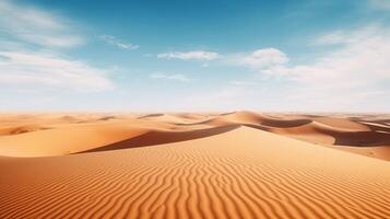 ai generado hermosa árabe Desierto con calentar colores.dorado arena duna Desierto paisaje panorama. hermosa terminado el arena dunas en el árabe, tocado por el dorado rayos de el ajuste Dom. foto