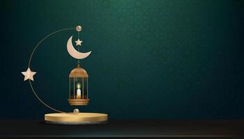 eid Mubarak fondo, islámico podio con tradicional linterna con creciente estrella Lunar colgando en verde fondo, vector religión de musulmán simbólico, eid Alabama fitr, Ramadán kareem, eid Alabama adha muharram
