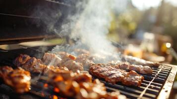 AI generated A burning barbecue grill with kin and kith, with smoke puffs rising in a sunny summer sky. photo