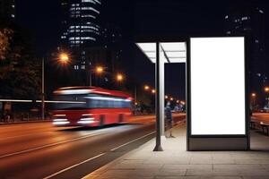 ai generado blanco anuncio cartelera Bosquejo a un autobús detener con un autobús en la carretera foto