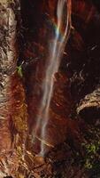 Rainbow appearing in the stream falling from huge cliff. Drone footage raising along the steep rocks of Yosemite National Park, California, USA. Vertical video