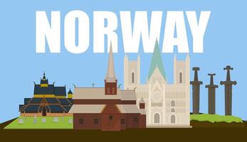 Set of flat vector illustrations of Norway's landmarks. Cute cartoon style, bright colors