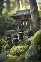 ai generado caprichoso aventura. temática ninja amigurumi caracteres embarcar en un épico viaje. dinámica poses y dramático Encendiendo crear un juguetón escena en De arriba hacia abajo disparo. foto