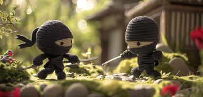 ai generado caprichoso aventura. temática ninja amigurumi caracteres embarcar en un épico viaje. dinámica poses y dramático Encendiendo crear un juguetón escena en De arriba hacia abajo disparo. foto