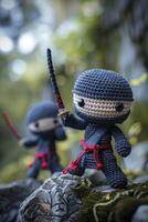 ai generado caprichoso aventura. temática ninja amigurumi caracteres embarcar en un épico viaje. dinámica poses y dramático Encendiendo crear un juguetón escena en De arriba hacia abajo disparo. foto