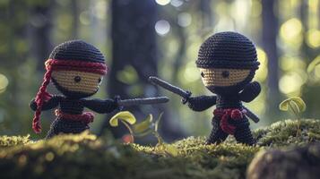 ai generado caprichoso aventura. temática ninja amigurumi caracteres embarcar en un épico viaje. dinámica poses y dramático Encendiendo crear un juguetón escena en De arriba hacia abajo disparo. foto