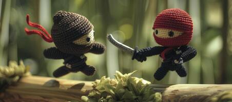 ai generado caprichoso aventura. temática ninja amigurumi caracteres embarcar en un épico viaje. dinámica poses y dramático Encendiendo crear un juguetón escena en De arriba hacia abajo disparo. foto