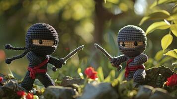 ai generado caprichoso aventura. temática ninja amigurumi caracteres embarcar en un épico viaje. dinámica poses y dramático Encendiendo crear un juguetón escena en De arriba hacia abajo disparo. foto