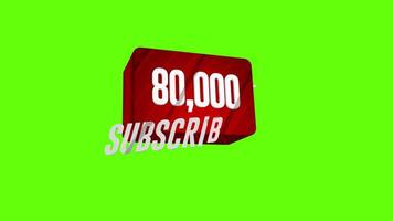 celebração do 80.000 assinantes em social redes contra verde fundo. 3d animação video
