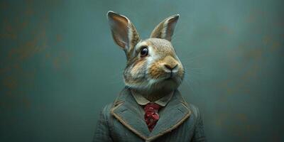 AI generated A rabbit is depicted wearing a formal suit and tie, exuding an air of sophistication and elegance. The rabbit appears poised and ready for a professional setting photo