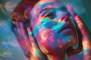 AI generated Woman in meditating trance, bathing in vibrant, colorful illumination adds. Abstract concept of meditation, tranquility, yoga and transcendent photo