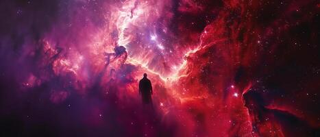 ai generado un silueta de un hombre flotante en el fondo de un masivo, oscuro rojo púrpura galaxia en espacio foto