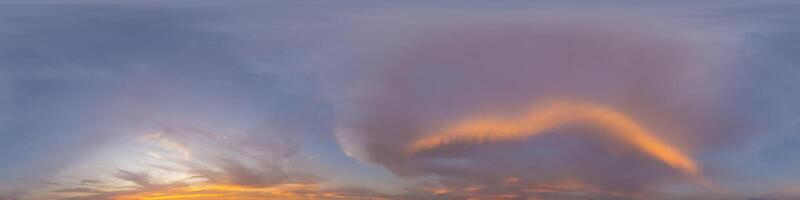 Panorama of a dark blue sunset sky with pink Cumulus clouds. Seamless hdr 360 panorama in spherical equiangular format. Full zenith for 3D visualization, sky replacement for aerial drone panoramas. photo