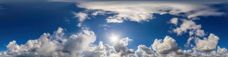 Blue sky panorama with puffy Cumulus clouds. Seamless hdr pano in spherical equirectangular format. Sky dome or zenith for 3D visualization, game and sky replacement for aerial drone 360 panoramas. photo