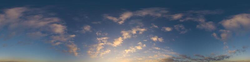 Dark blue sunset sky panorama with Cumulus clouds. Seamless hdr pano in spherical equirectangular format. Complete zenith for 3D visualization, game and sky replacement for aerial drone 360 panoramas. photo