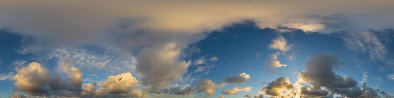 Dark blue sunset sky panorama with Cumulus clouds. Seamless hdr pano in spherical equirectangular format. Complete zenith for 3D visualization, game and sky replacement for aerial drone 360 panoramas. photo