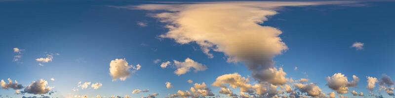 Dark blue sunset sky panorama with Cumulus clouds. Seamless hdr pano in spherical equirectangular format. Complete zenith for 3D visualization, game and sky replacement for aerial drone 360 panoramas. photo