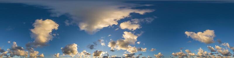 Dark blue sunset sky panorama with Cumulus clouds. Seamless hdr pano in spherical equirectangular format. Complete zenith for 3D visualization, game and sky replacement for aerial drone 360 panoramas. photo