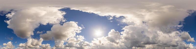 Blue sky panorama with puffy Cumulus clouds. Seamless hdr pano in spherical equirectangular format. Sky dome or zenith for 3D visualization, game and sky replacement for aerial drone 360 panoramas. photo