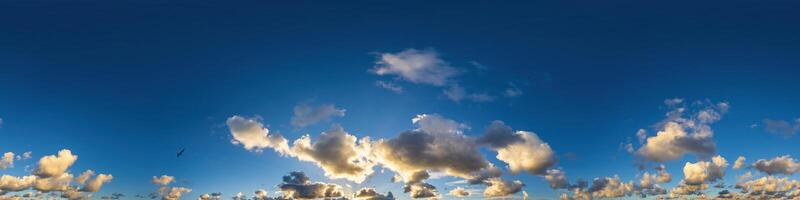 Dark blue sunset sky panorama with Cumulus clouds. Seamless hdr pano in spherical equirectangular format. Complete zenith for 3D visualization, game and sky replacement for aerial drone 360 panoramas. photo