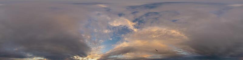 Dark blue sunset sky panorama with pink Cumulus clouds. Seamless hdr 360 panorama in spherical equirectangular format. Full zenith for 3D visualization, sky replacement for aerial drone panoramas. photo