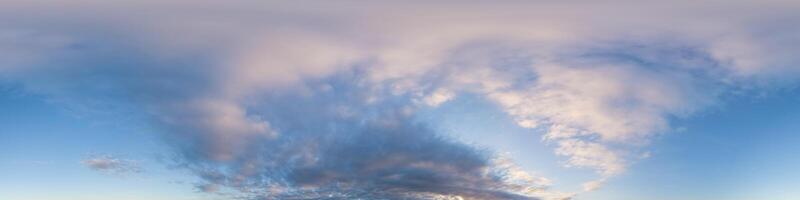 Dark blue sunset sky panorama with pink Cumulus clouds. Seamless hdr 360 panorama in spherical equirectangular format. Full zenith for 3D visualization, sky replacement for aerial drone panoramas. photo