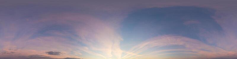 Dark blue sunset sky panorama with pink Cirrus clouds. Seamless hdr 360 panorama in spherical equirectangular format. Full zenith for 3D visualization, sky replacement for aerial drone panoramas. photo