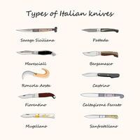 Types of Italian knives, hand drawn vector illustration