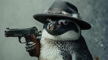 ai generado pingüino en un elegante sombrero blande un arma de fuego con confianza, ai generado foto