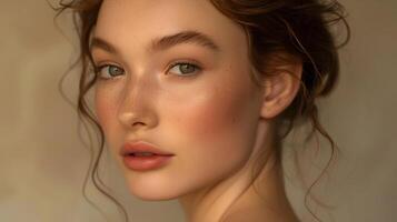 AI generated Elegant Portrait of a Woman with Soft Pink Lips and Radiant Skin, To showcase the beauty of a woman through a close-up portrait with a focus on her photo