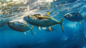 ai generado aleta amarilla atún en claro azul mar. cerca arriba foto de madidihang pescado en sus natural hábitats.
