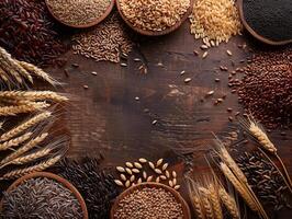 AI generated wholegrains, wheat and rice flat lay background. photo