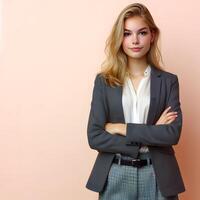 AI generated Portrait of a fictional girl in a pink suit. Isolated on a pink plain pastel colored background photo