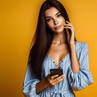 AI generated full body of a beautiful, young brunette woman holding a phone. Isolated on solid yellow background. photo