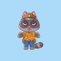 linda mapache policía oficial uniforme dibujos animados animal personaje mascota icono plano estilo ilustración concepto vector