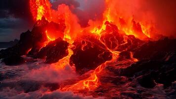 ai generado volcánico erupción con lava y lava fluir. 3d ilustración, lava es entrando el Oceano con muchos pequeño fluye, ai generado video