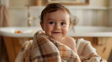 ai generado adorable bebé en a cuadros toalla, radiante sonrisa, calentar madera baño - cinematográfico estilo foto