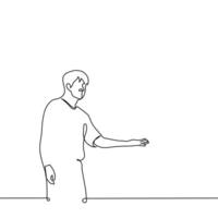 man stands and shows with his hand to his left - one line drawing vector. concept advertiser, host or guide invite showing direction vector