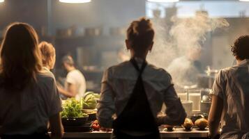 ai generado joven cocineros en acción culinario clase maestra experiencia foto