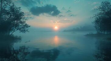 AI generated Sun Setting Over Calm Lake photo